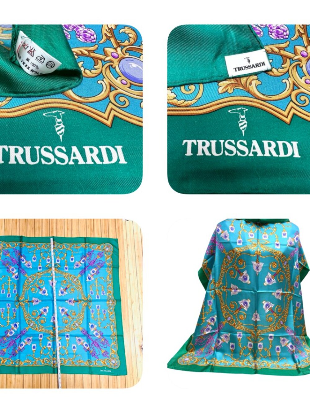 New-Beautififul Trussardi 100% silk Scarf satin 35" Beige Gold Red Striped (17 - Picture 5 of 16